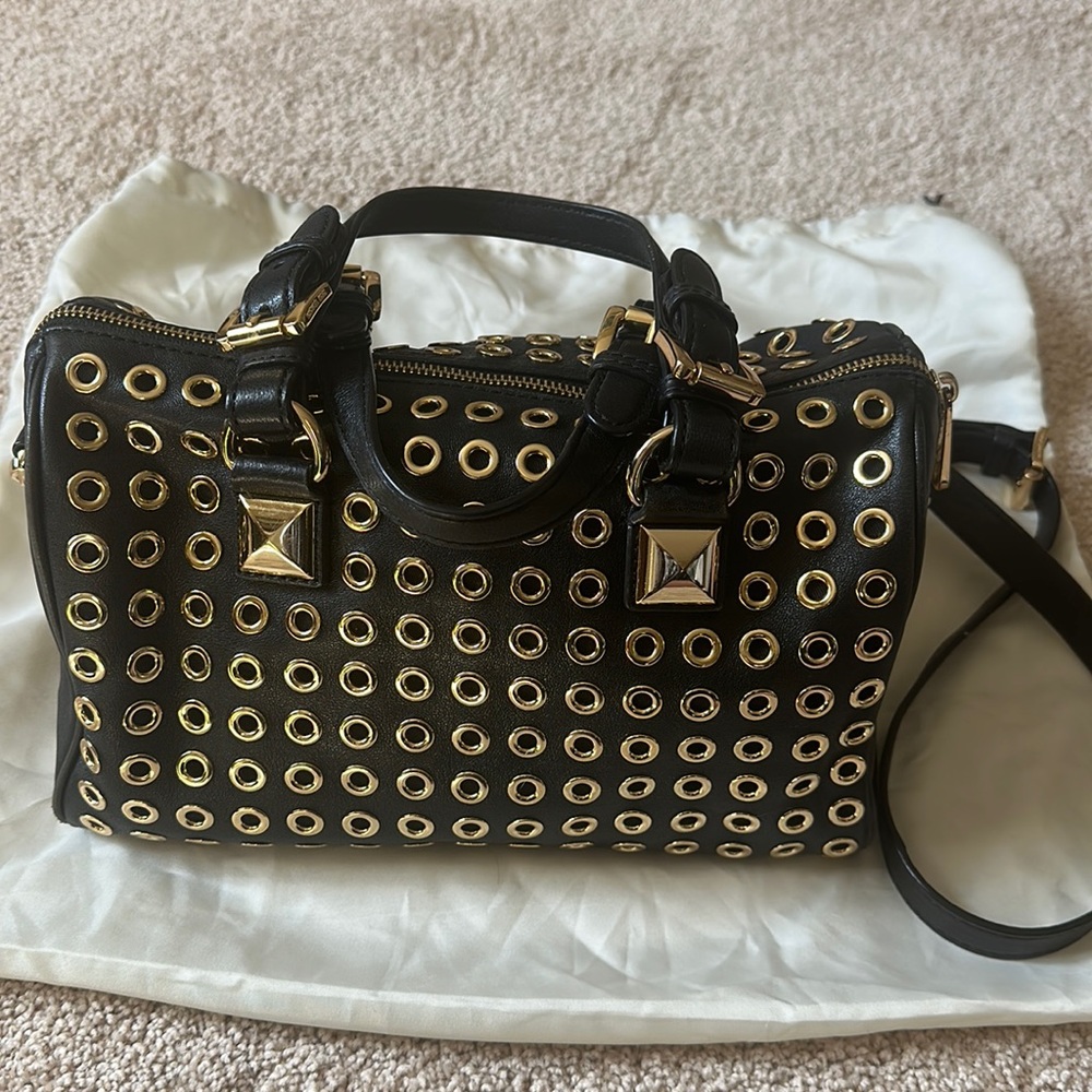 Michael Kors black leather satchel/crossbody with polished gold embellishment